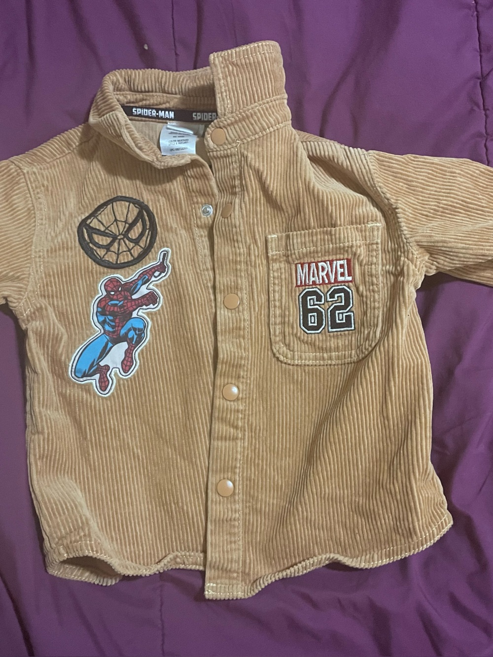 Marvel Tan Corduroy Spider-Man Patch Button-Down Shirt size 2t